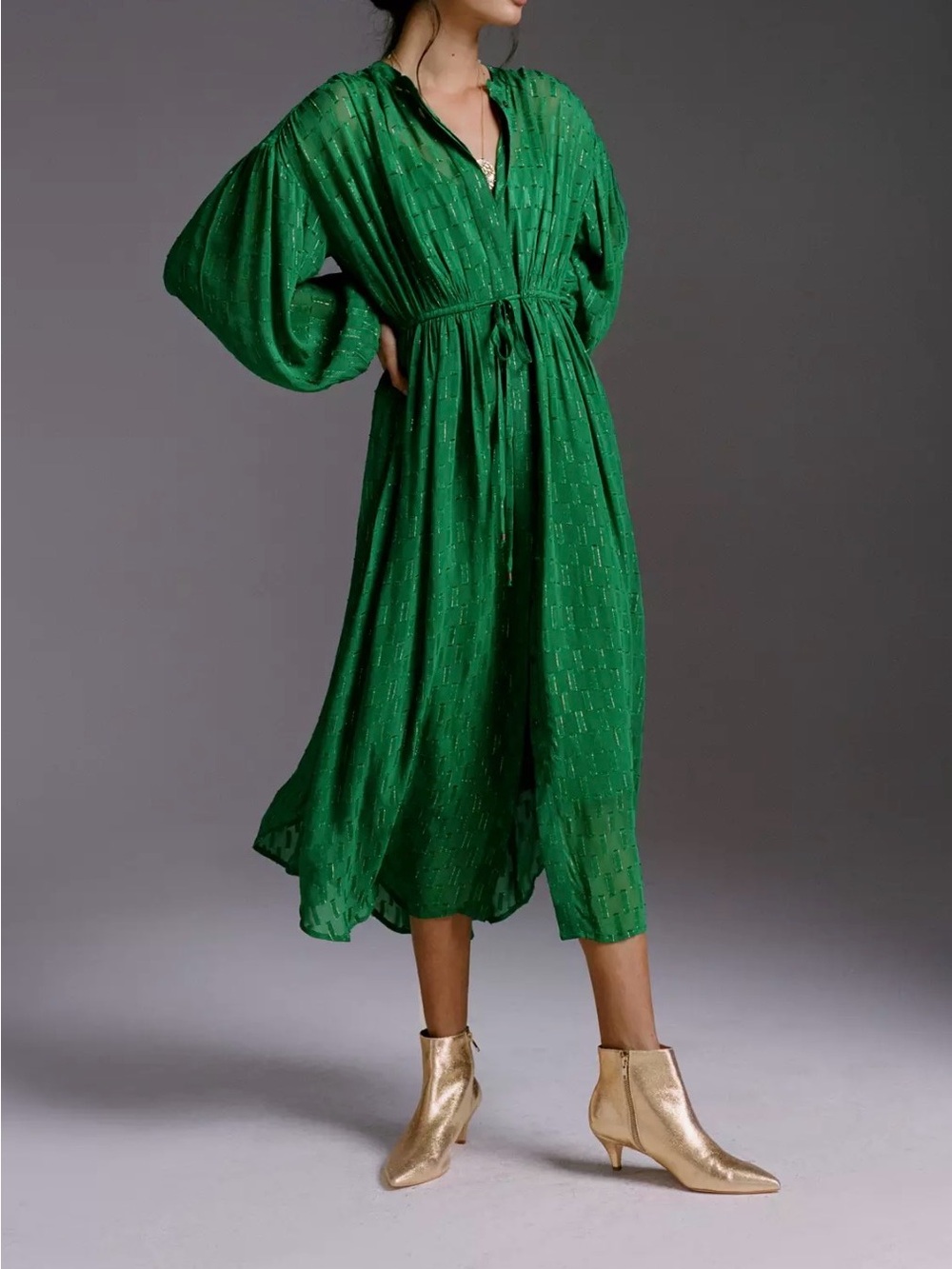 Anthropologie Allene Shimmer Green Metallic Maxi Dress M